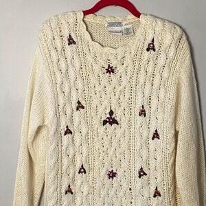 Vintage 90's Hand Knit Floral‎ Tunic Sweater Cream Medium Cottagecore